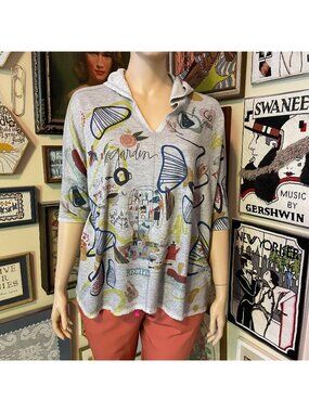 Inoah Women’s Hooded Top Abstract Graphic Print Lightweight Sweatshirt Knit Gray